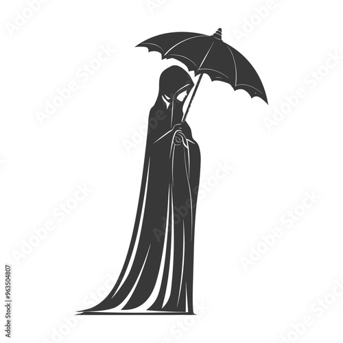 Silhouette of a woman in a hooded cloak holding an umbrella