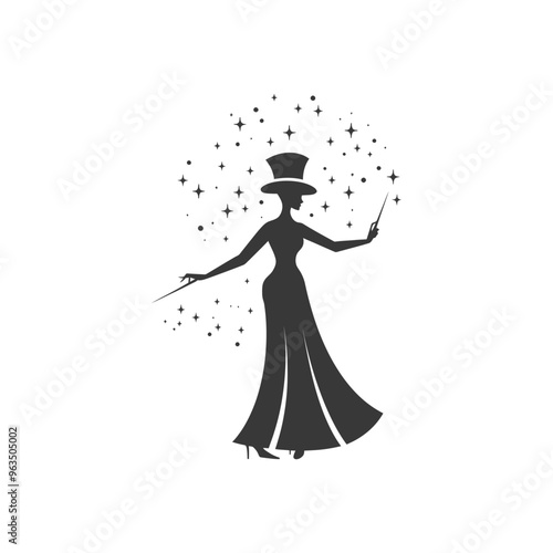 Silhouette of a Woman in a Top Hat Conjuring Magic with Stars