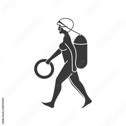 Silhouette of a Woman in a Swimsuit Carrying a Float and a Scuba Tank
