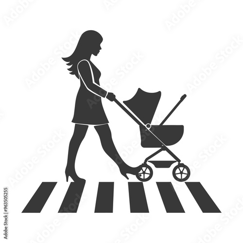 Silhouette of a Woman Pushing a Baby Stroller Across a Crosswalk