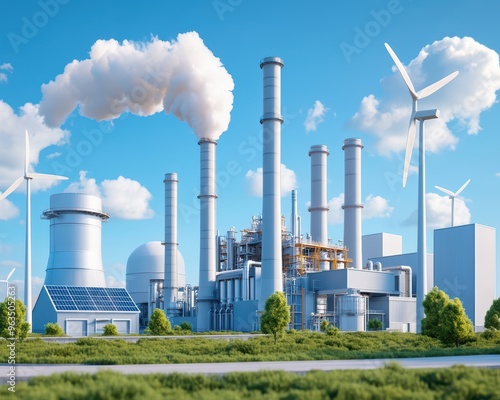 A modern industrial facility showcasing renewable energy sources like wind turbines and solar panels against a clear blue sky.