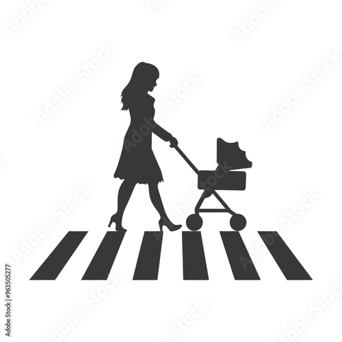 Silhouette of a Woman Pushing a Stroller Across a Crosswalk