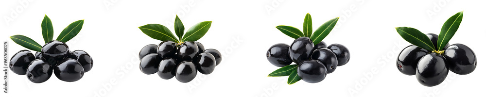 Set, collection of Black olives with their leaves isolated on transparent background. Set, collection of Black olives with their leaves isolated on transparent background.