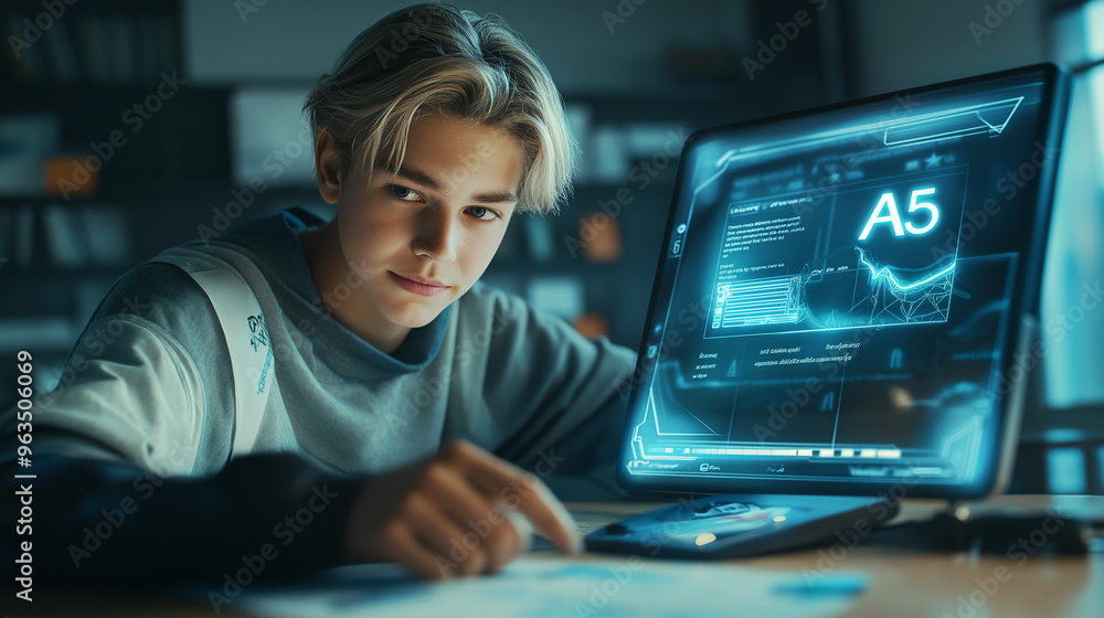 An 18-year-old Slavic man with fair skin, blond hair, and blue eyes is seated at a high-tech desk, studying for his exams.
An 18-year-old Slavic man with fair skin, blond hair, and blue eyes is seated at a high-tech desk, studying for his exams.