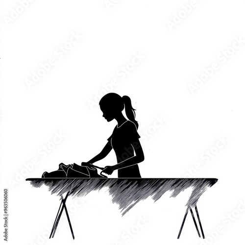 Silhouette of woman ironing clothes on board photo