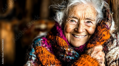 A joyful elderly woman with white hair and a vibrant knitted scarf, exuding warmth and happiness in a cozy setting.