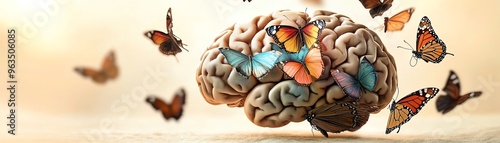 A creative visualization of a brain surrounded by colorful butterflies, symbolizing transformation and innovation.