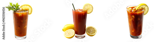 Set, collection of Bloody Mary cocktail with a lemon slice isolated on transparent background.