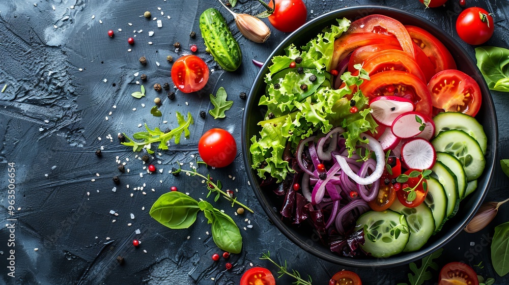 Salad bowl with ingredients on table Salad bowl with ingredients on table