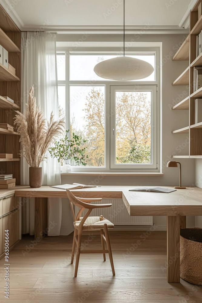 Fototapeta premium A photo of a home office interior based on a Scandinavian interior. Generative AI