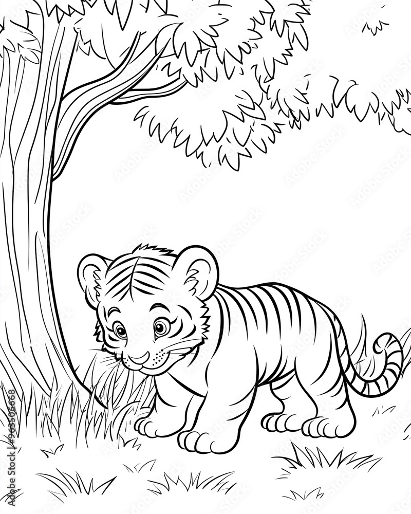 Baby Tiger Cub in Tall Grass Coloring Page. Generative AI. Baby Tiger Cub in Tall Grass Coloring Page. Generative AI.