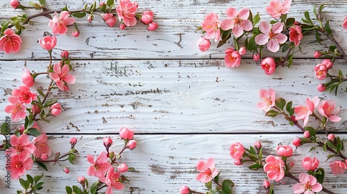 Pink spring flowers on white wood Flat lay view with space