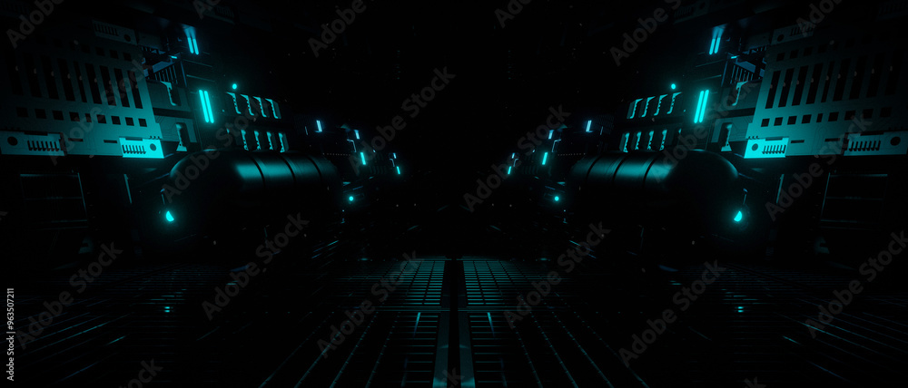 Fototapeta premium Abstract Futuristic Neon Corridor.A 3D rendering of a dark futuristic corridor with glowing neon lights. T