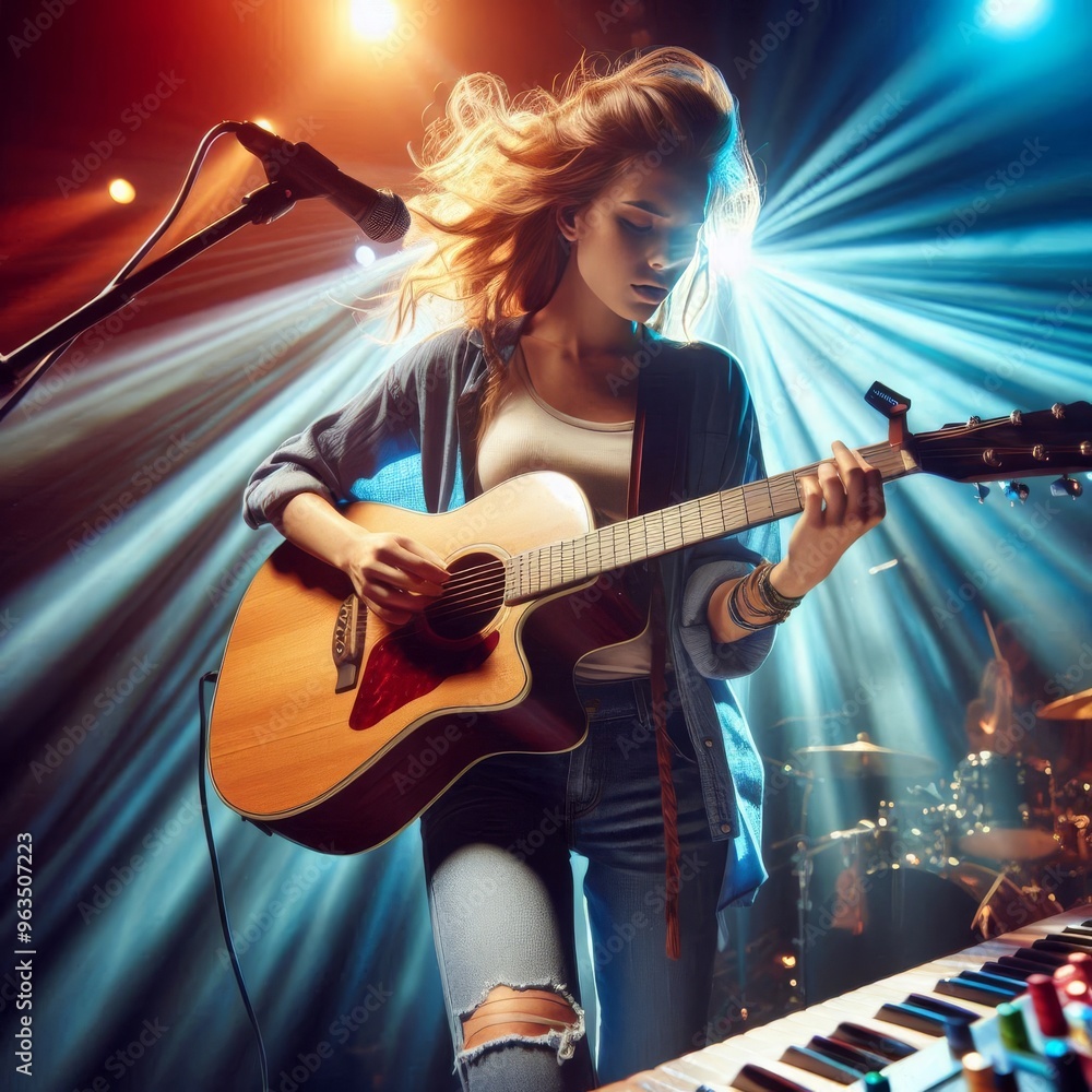 A young female guitarist passionately plays her acoustic guitar on stage, bathed in dynamic, colorful stage lights. The image captures the energy and emotion of a live music performance, showcasing A young female guitarist passionately plays her acoustic guitar on stage, bathed in dynamic, colorful stage lights. The image captures the energy and emotion of a live music performance, showcasing