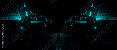 Fototapeta Naklejka Na Ścianę i Meble -  Abstract Futuristic Neon Corridor.A 3D rendering of a dark futuristic corridor with glowing neon lights. T