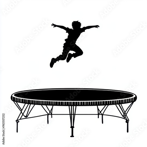 Silhouetted child jumping on trampoline against white background photo