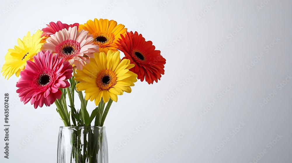 Colorful Gerbera Daisies Bouquet in Glass Vase on White Background Colorful Gerbera Daisies Bouquet in Glass Vase on White Background
