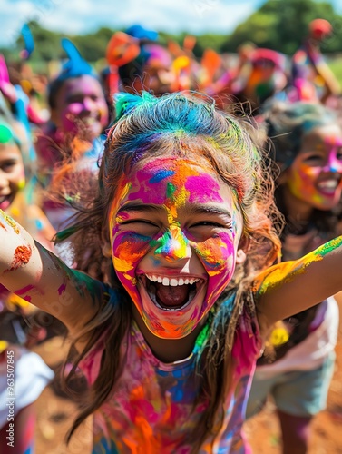 A joyful girl with colorful paint on her face celebrates with friends during a vibrant festival full of laughter and fun.