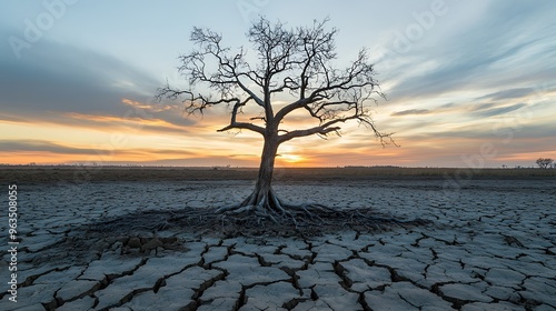 A dead tree amid cracked clay, symbolizing the stark contrast between once-fertile land and todaya??s climate-ravaged environment. photo