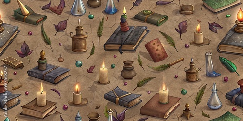 Pttern Of Mystical Spell Books, Quills, and Potion Bottles photo