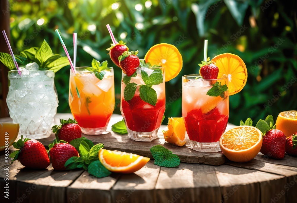 colorful summer beverages showcasing stunning garnishes fresh ice refreshing seasonal enjoyment, drink, vibrant, fruit, herb, cocktail, mocktail, glass colorful summer beverages showcasing stunning garnishes fresh ice refreshing seasonal enjoyment, drink, vibrant, fruit, herb, cocktail, mocktail, glass