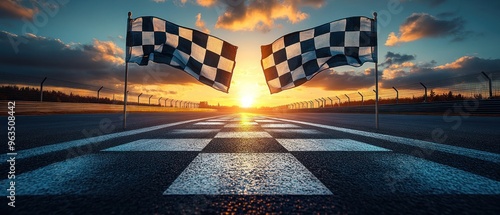 Checkered Flag Finish Line at Sunset on a Race Track