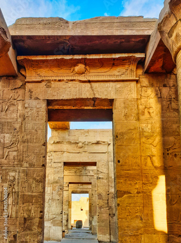 Series of gates in the courtyard with depictions of Nekhbet,the vulture god at the magnificent Temple of Sobek and Haroeris built in 2nd century BC by Ptolemy pharoahs in Kom Ombo,Near Aswan,Egypt photo