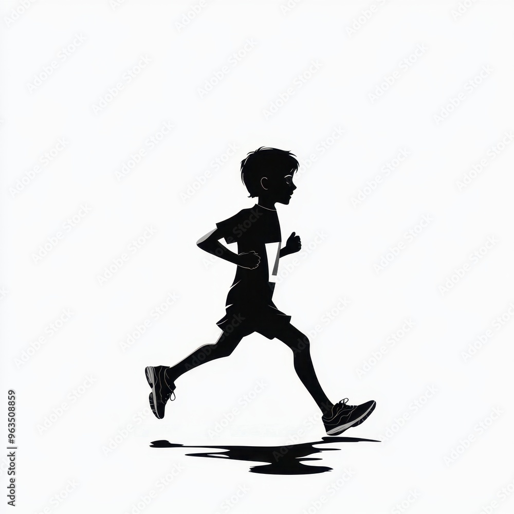 Silhouette of a young boy running with determination and speed Silhouette of a young boy running with determination and speed
