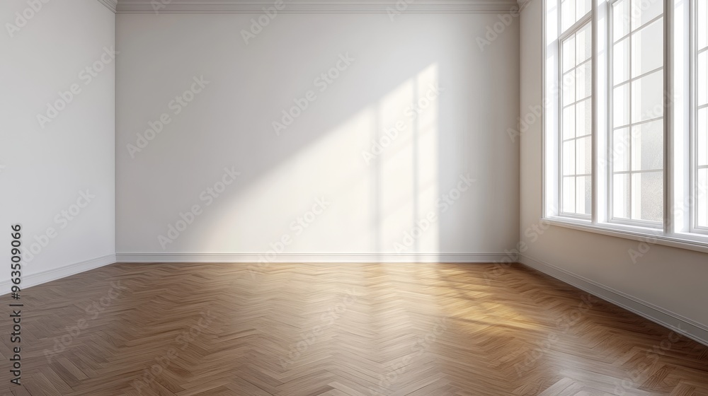 A bright and airy room with a white wall, classic style molding, and warm hardwood floors. Sunlight streams through a large window casting shadows on the floor, creating a sense of space and tranquil A bright and airy room with a white wall, classic style molding, and warm hardwood floors. Sunlight streams through a large window casting shadows on the floor, creating a sense of space and tranquil