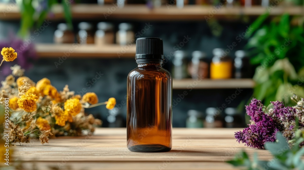 A brown glass bottle filled with essential oil sits on a rustic wooden table, surrounded by dried flowers and herbs. The bottle symbolizes natural remedies, relaxation, aromatherapy, and wellness. A brown glass bottle filled with essential oil sits on a rustic wooden table, surrounded by dried flowers and herbs. The bottle symbolizes natural remedies, relaxation, aromatherapy, and wellness.