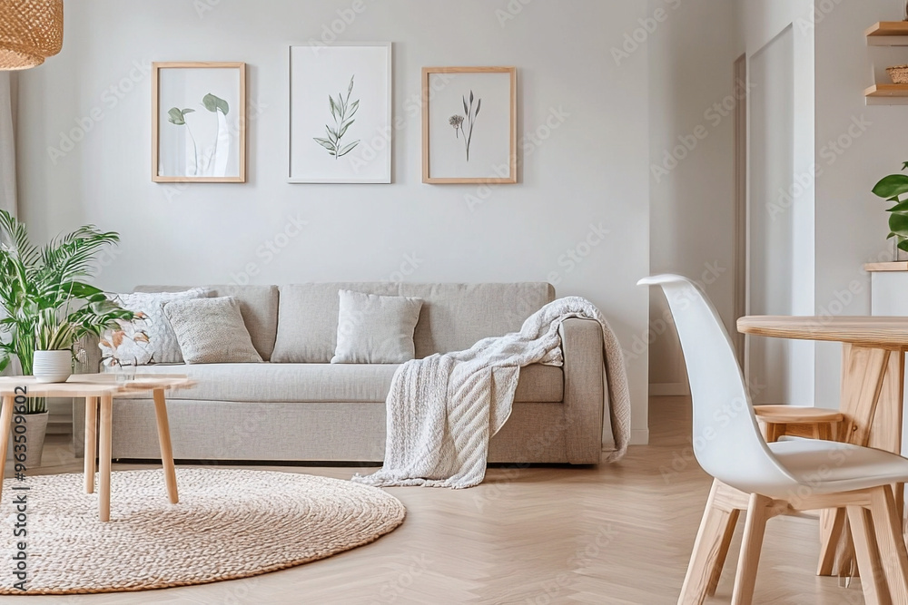 Fototapeta premium Minimalist, modern japandi interiors in the living room with sofas and interior accessories. Generative AI 