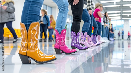 A lively line dancing class, with participants in cowboy boots stepping in sync to country music. The group moves with energy and enthusiasm, clapping and spinning as they follow the rhythm 