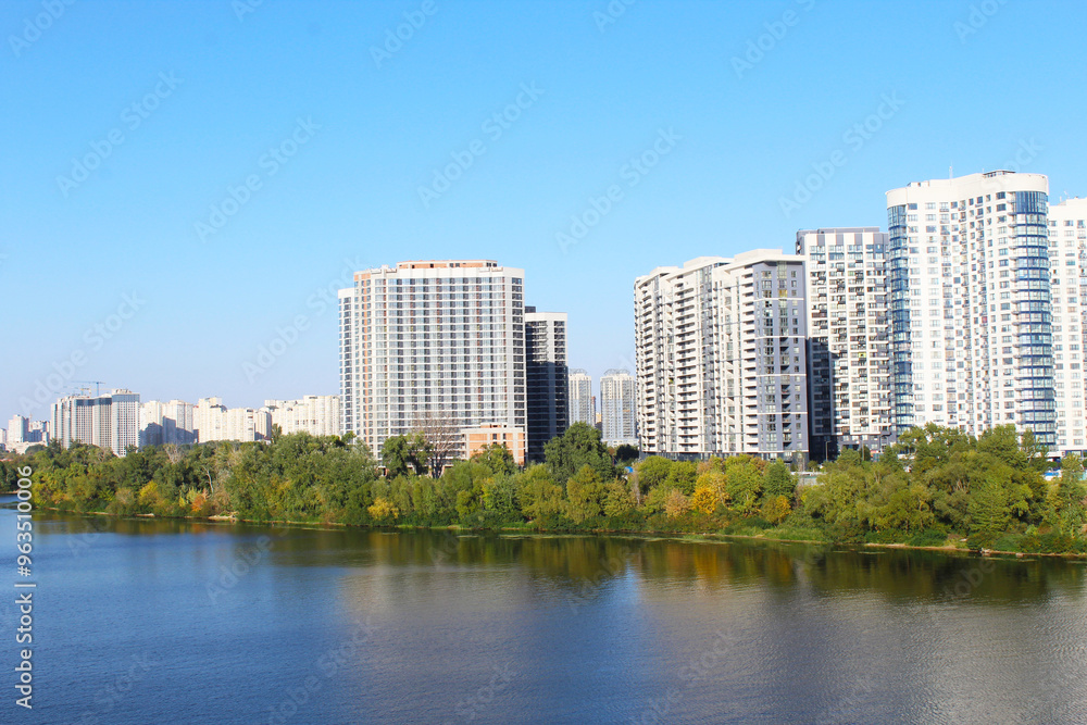 landscape with the Dnipro river in the city of Kyiv and the blue sky landscape with the Dnipro river in the city of Kyiv and the blue sky