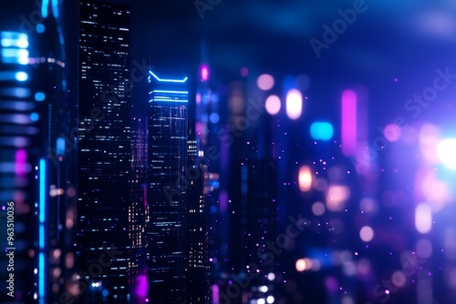 A captivating view of a modern metropolis at night, illuminated by vibrant neon lights. The skyscrapers pierce the dark sky, creating a sense of awe and wonder. The city's energy and vibrancy are palp photo