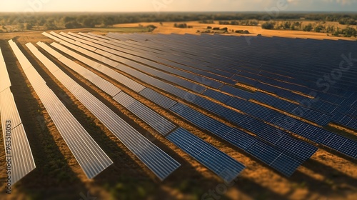 Aerial perspective of sprawling solar farms replacing parched agricultural land, highlighting the shift towards renewable energy amidst a changing climate. photo