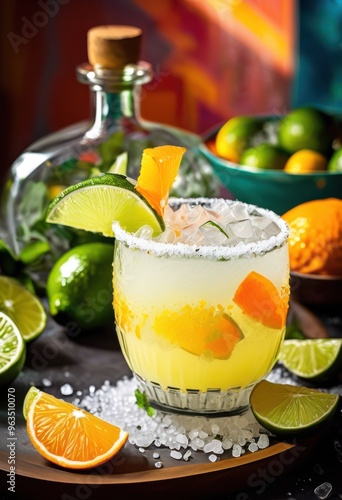 colorful display margarita ingredients lively background featuring fresh vibrant garnishes, lime, tequila, salt, cocktail, orange, ice, fruit, green