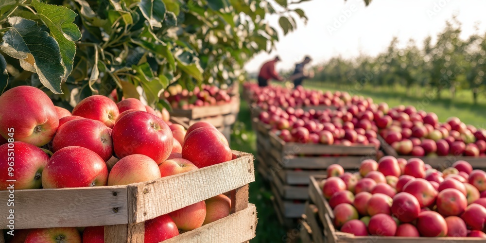 Picked Apple Apple orchard harvest in the UK, apple trees in full bloom with baskets ...