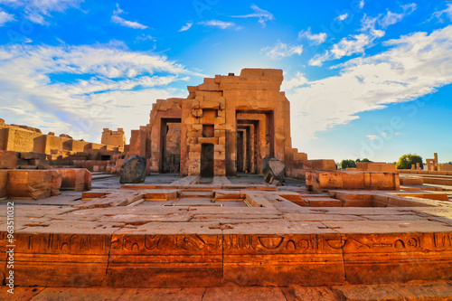 View of the ruins of the Kom Ombo temple dedicated to the crocodile headed Goddess Sobek at the Temple of Sobek and Haroeris built in 2nd century BC by Ptolemy pharoahs in Kom Ombo,Near Aswan,Egypt