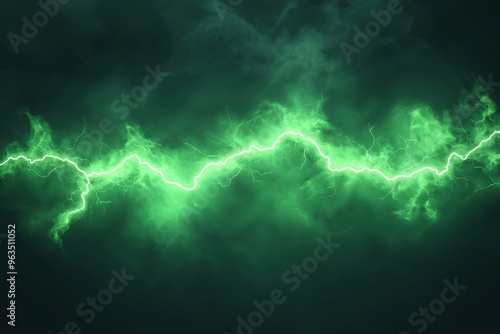 Mystical green lightning storm in dark sky. Concept of natural phenomena, magic, power, and energy