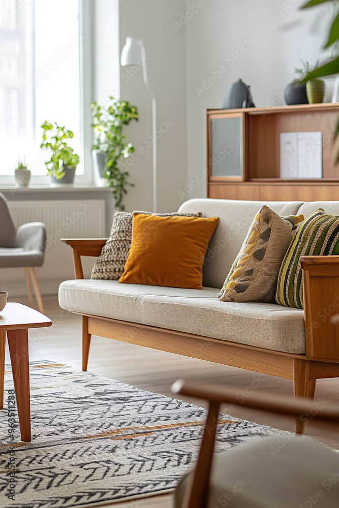 Fototapeta premium Minimalist, mid century modern interiors in living rooms with sofa views. Generative AI 