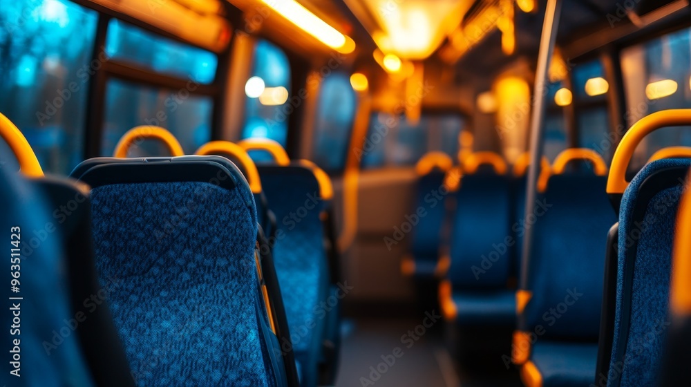 A clean and inviting modern bus interior featuring comfortable blue seats with yellow accents. The image suggests a pleasant and safe journey, emphasizing the spaciousness and inviting nature of the A clean and inviting modern bus interior featuring comfortable blue seats with yellow accents. The image suggests a pleasant and safe journey, emphasizing the spaciousness and inviting nature of the