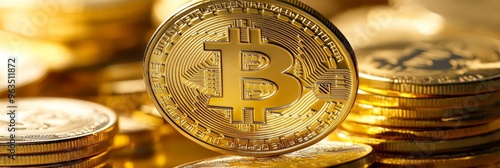 A close-up image of a golden Bitcoin coin, symbolizing wealth, digital currency, blockchain technology, financial freedom, and the future of money.