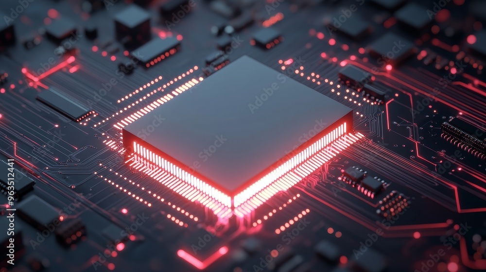 A close-up of a glowing microchip on a dark circuit board. The chip represents the power of AI and advanced technology, while the red lights symbolize innovation and progress. A close-up of a glowing microchip on a dark circuit board. The chip represents the power of AI and advanced technology, while the red lights symbolize innovation and progress.