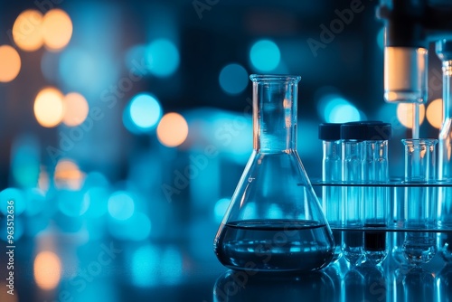 A close-up of a laboratory flask filled with a blue liquid, with other laboratory equipment in the background. This image symbolizes science, research, experimentation, discovery, and innovation.