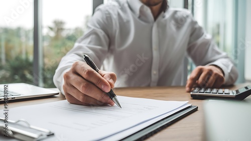 Businessman Filling Out Form with Pen and Calculator