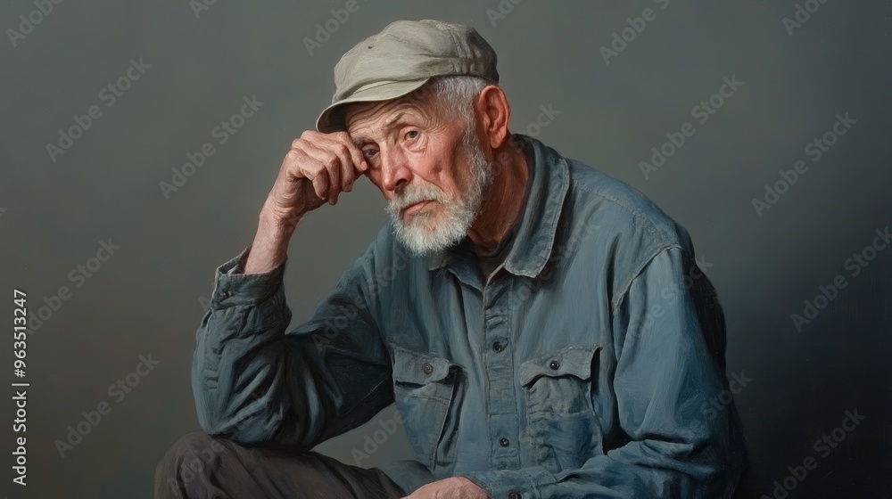 A close-up portrait of an elderly man with a contemplative expression, his hand resting on his chin. He wears a blue shirt and a cap, symbolizing wisdom, experience, and resilience. The muted backgrou A close-up portrait of an elderly man with a contemplative expression, his hand resting on his chin. He wears a blue shirt and a cap, symbolizing wisdom, experience, and resilience. The muted backgrou