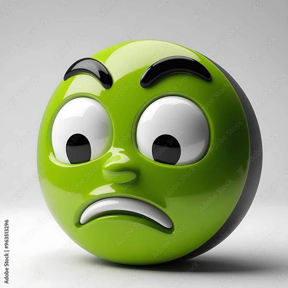 3D emoticon with a confused expression, bright green color, large white squinting eyes, slightly open mouth, glossy rounded shape, isolated on white background 3D emoticon with a confused expression, bright green color, large white squinting eyes, slightly open mouth, glossy rounded shape, isolated on white background