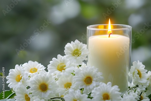 Candle and white flowers .generative ai