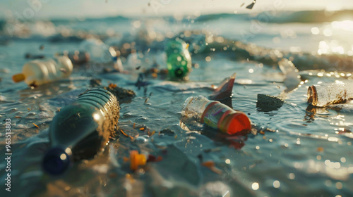 Plastic Water Bottles and Bags Floating in Ocean, Micro plastics on Polluted Beach, Environmental Pollution Concept