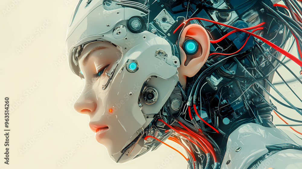 Ai generative, female cyborg with mechanisms and wires in head, digital technological as a background. Cyborg. Illustration Ai generative, female cyborg with mechanisms and wires in head, digital technological as a background. Cyborg. Illustration